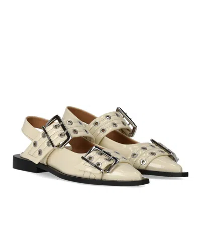 Ganni Egret Slingback Ballet Flat Shoe With Buckles In White