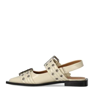 Ganni Egret Slingback Ballet Flat Shoe With Buckles In White