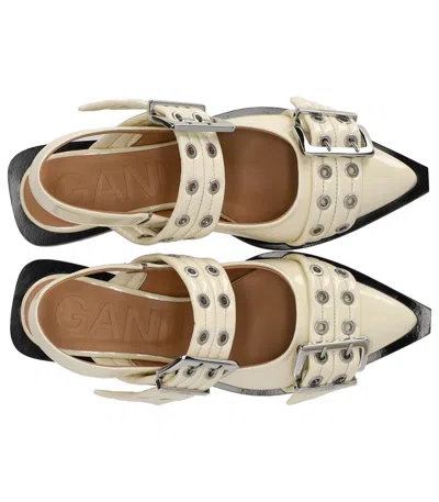 Ganni Egret Slingback Ballet Flat Shoe With Buckles In White