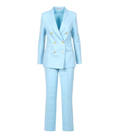 Tagliatore Double-breasted Linen Pant Suit In Blue
