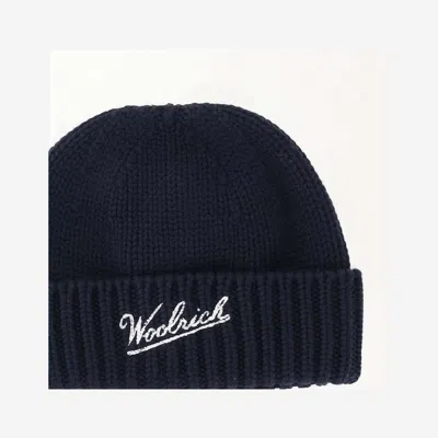 Woolrich Navy Blue Logo Beanie Hat In Blue