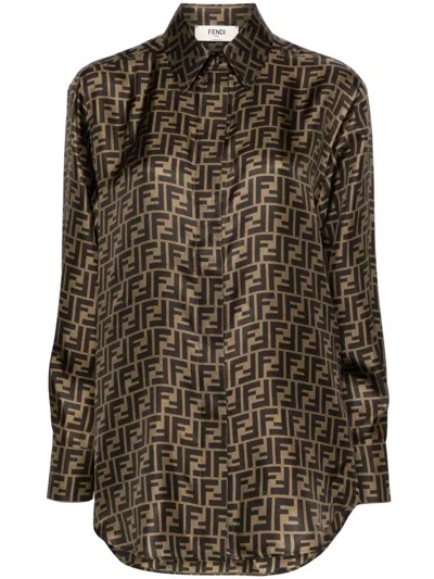 Fendi Silk Shirt With Curved Hem And Fabric-covered Buttons In Brown