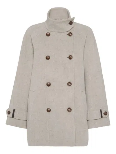 Brunello Cucinelli Virgin Wool And Cashmere Peacoat In Double Cloth With Shiny Cuff Details In Gray
