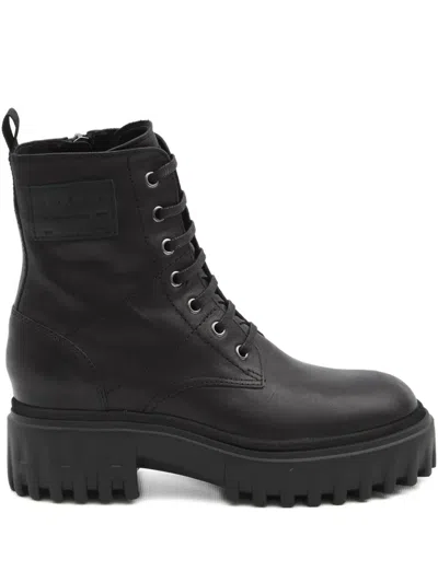 Hogan H700 Chunky Biker Boots In Leather In Black
