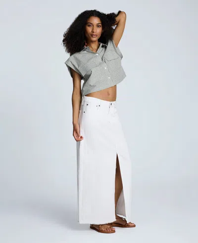 Kenneth Cole Denim Fly Front 4-pocket Maxi Skirt With Fray Hem In White