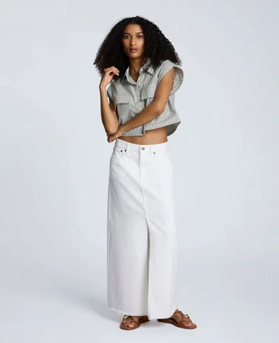 Kenneth Cole Denim Fly Front 4-pocket Maxi Skirt With Fray Hem In White