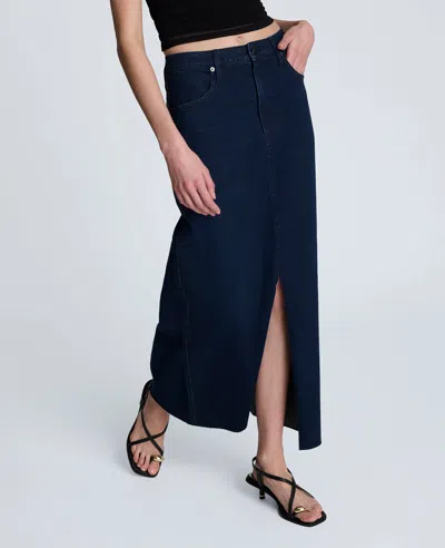Kenneth Cole Denim Fly Front 4-pocket Maxi Skirt With Fray Hem In Blue