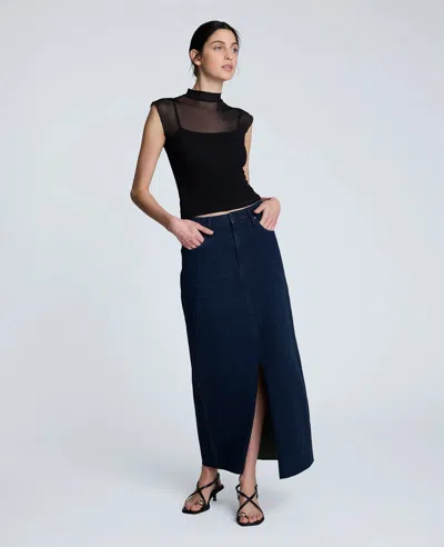 Kenneth Cole Denim Fly Front 4-pocket Maxi Skirt With Fray Hem In Blue