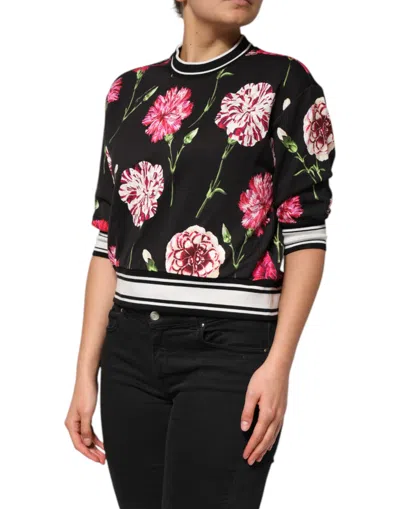 Dolce & Gabbana Black Floral Print Cotton Short Sleeves Top In Black