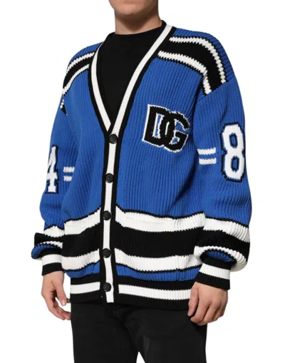 Dolce & Gabbana Blue Cotton Logo Patch Ribbed Knit Cardigan Men's Sweater In Blue
