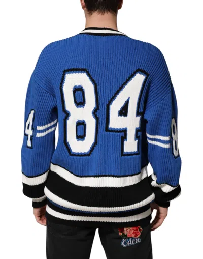 Dolce & Gabbana Blue Cotton Logo Patch Ribbed Knit Cardigan Men's Sweater In Blue