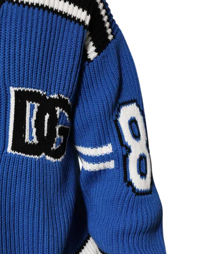 Dolce & Gabbana Blue Cotton Logo Patch Ribbed Knit Cardigan Men's Sweater In Blue