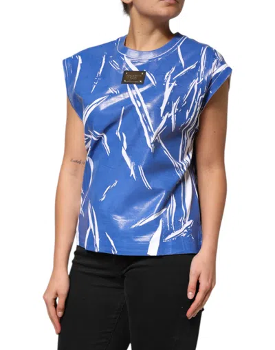 Dolce & Gabbana Blue White Cotton Logo Plaque Women Tank Women's Top In Blue