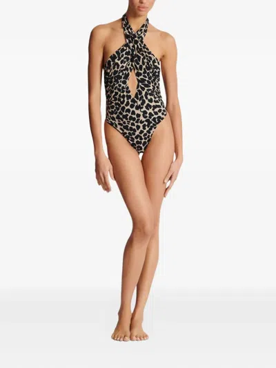 Balmain One-piece Leopard Pattern Swimsuit In Black