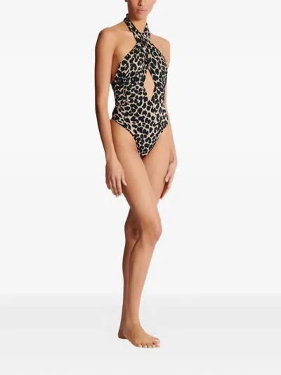 Balmain One-piece Leopard Pattern Swimsuit In Black