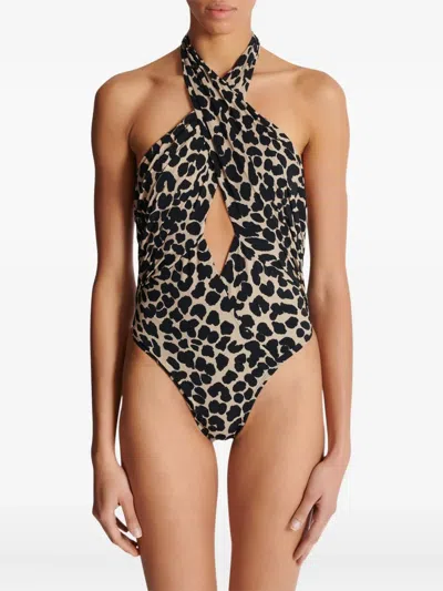 Balmain One-piece Leopard Pattern Swimsuit In Black