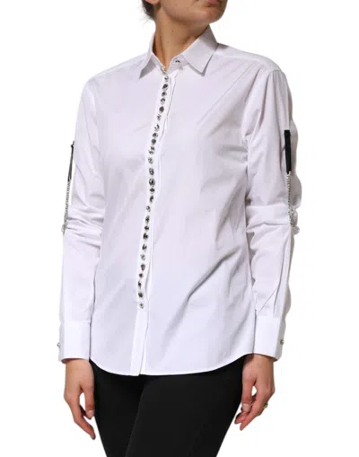 Dolce & Gabbana White Crystal Embellished Collared Shirt Top In White