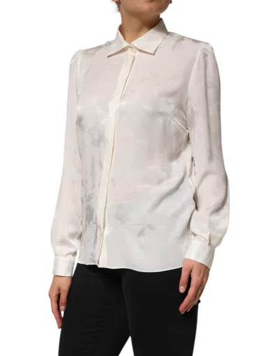 Dolce & Gabbana White Silk Long Sleeves Collared Shirt Top In White
