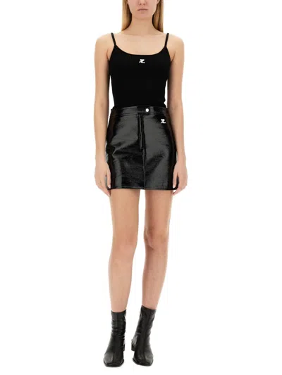 Courrèges Fitted Black Ribbed Tank Top With Subtle Logo In Black