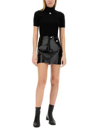 Courrèges Short-sleeved Ribbed Re-e In Black