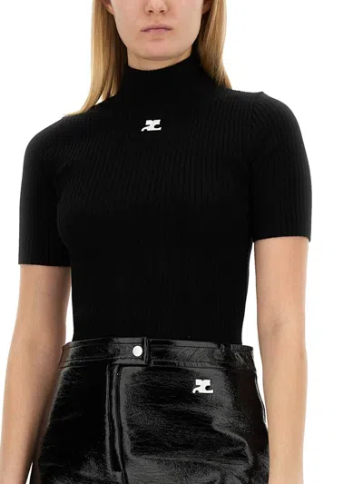 Courrèges Short-sleeved Ribbed Re-e In Black