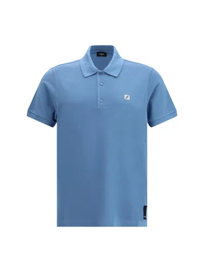 Fendi Piquet Polo Shirt With Collar And Short Sleeves In Blue