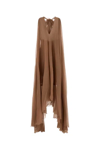 Blumarine Long Dress In Flowing Crepe Fabric In Brown