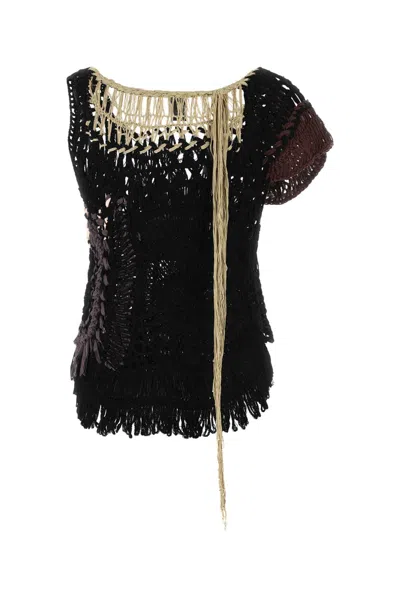 Dries Van Noten Fringed Crochet Knit Top In Black