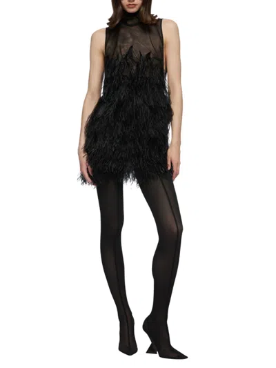 Attico Feather-embroidered Tulle Mini Dress In Black