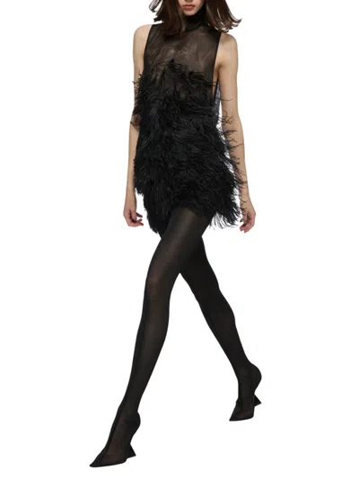 Attico Feather-embroidered Tulle Mini Dress In Black
