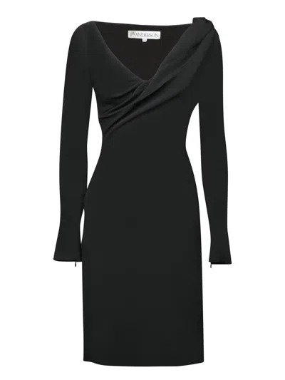 Jw Anderson Elegant Shoulder Drape V-neck Dress In Black