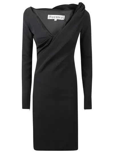 Jw Anderson Elegant Shoulder Drape V-neck Dress In Black