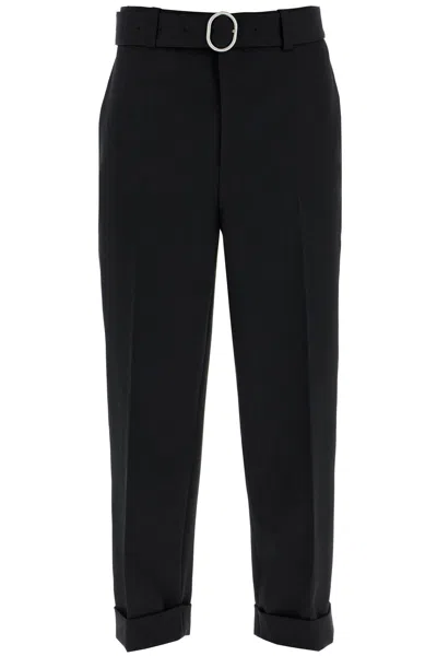 Jil Sander Men Black Wool Gabardine Belted Trousers In Black