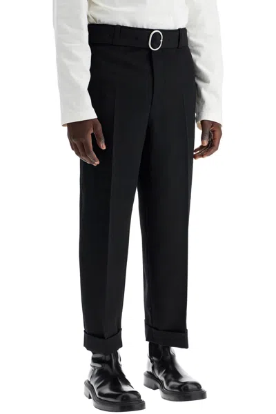 Jil Sander Men Black Wool Gabardine Belted Trousers In Black