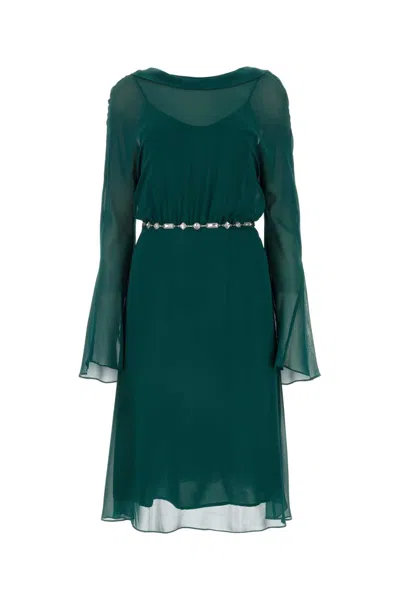 St Elegante Bottle Green Silk Africa Dress In Multi
