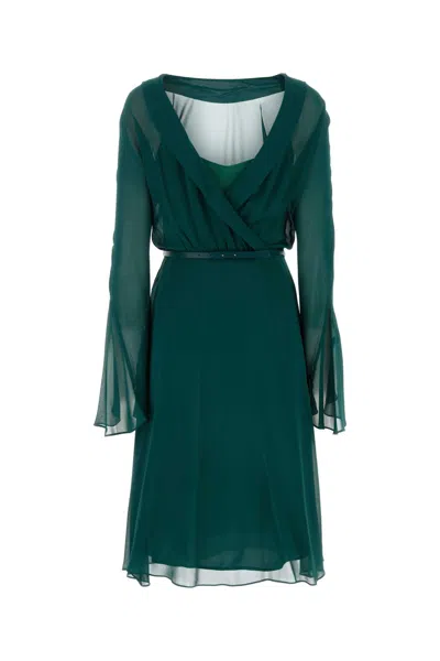 St Elegante Bottle Green Silk Africa Dress In Multi
