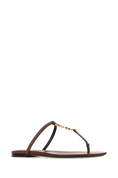 Saint Laurent Brown Leather Cassandre Thong Slippers