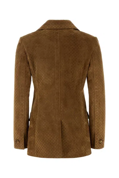 Gucci Suede Leather Double-breasted Jacket In Brown