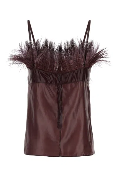 Ferragamo Feather Trim Satin Finish Spaghetti Straps Top In Multi