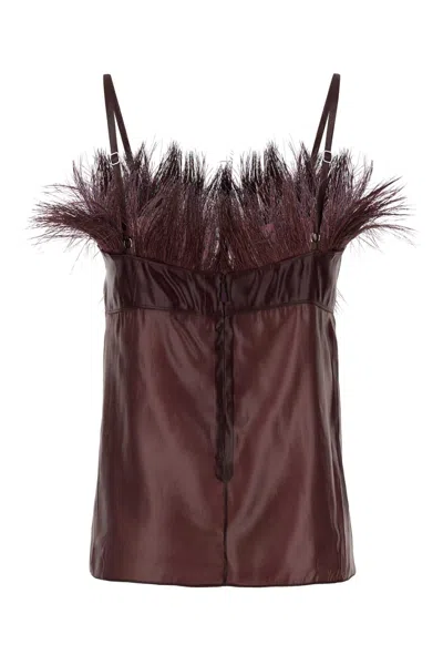 Ferragamo Feather Trim Satin Finish Spaghetti Straps Top In Multi