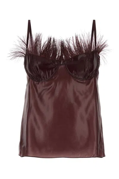 Ferragamo Feather Trim Satin Finish Spaghetti Straps Top In Multi