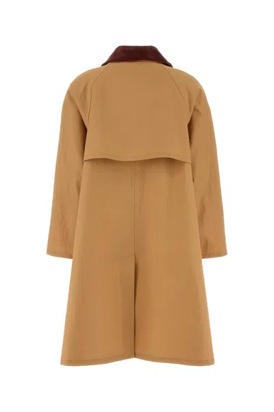 Prada Cotton Overcoat With Contrast Collar And Front Pockets In Brown