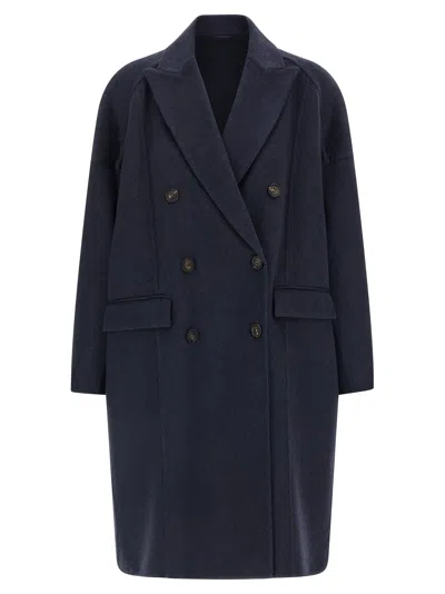 Brunello Cucinelli Double-breasted Black Cashmere Coat With Peak Lapels In Blue