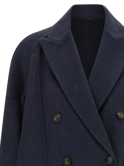 Brunello Cucinelli Double-breasted Black Cashmere Coat With Peak Lapels In Blue