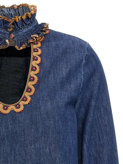Valentino Garavani Chambray Denim Embroidered Top In Blue