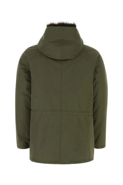 Yves Salomon Fur Trim Hooded Long Length Coat In Green