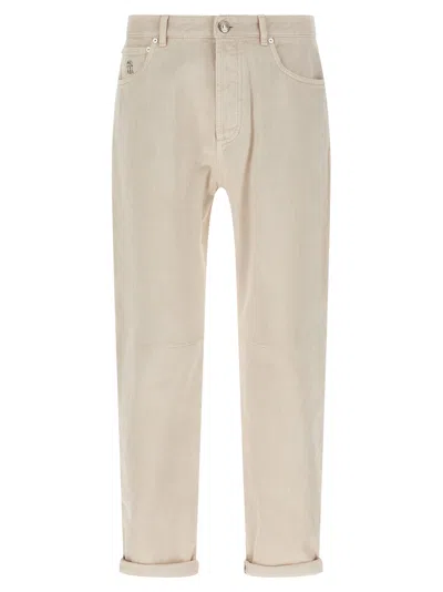 Brunello Cucinelli Dyed Jeans With Rolled Cuffs And Pockets In Neutral