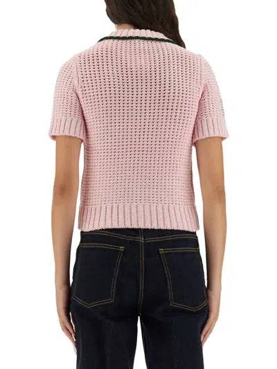Casablanca Mouline Crochet-knit Cropped Polo In Pink