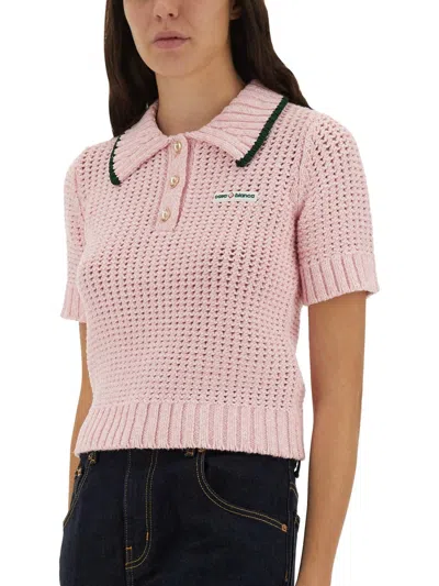 Casablanca Mouline Crochet-knit Cropped Polo In Pink