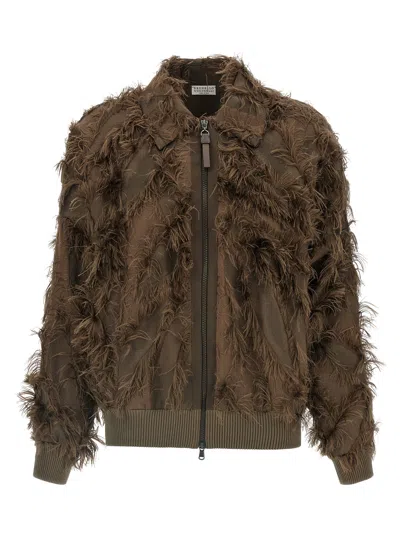 Brunello Cucinelli Dracaena Fringed-details Bomber Jacket In Brown